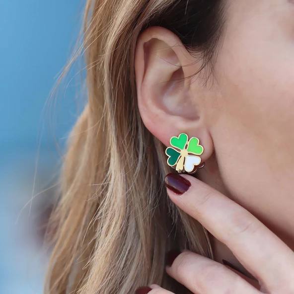 Yeşil Yonca Gümüş Küpe - Resim 2