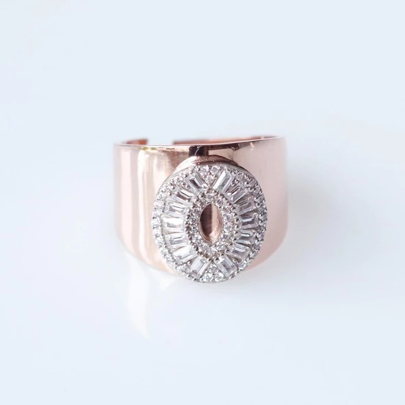 O Harfi Baget Taşlı Rose Gold Kaplama Gümüş Yüzük ürün görseli 1