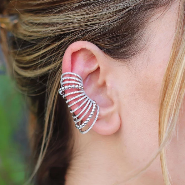 Ear Cuff Zirkon Taşlı Rodyum Kaplama Gümüş Küpe - Resim 2