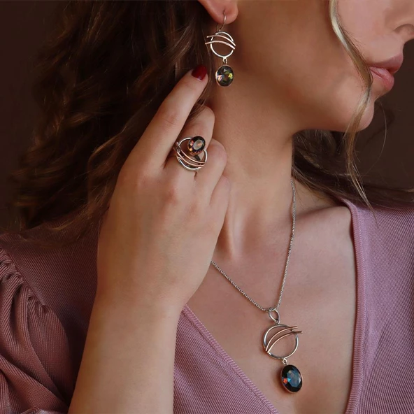 Mistik Topaz Taşlı El İşi Otantık 925 Ayar Gümüş Set ürün görseli 1