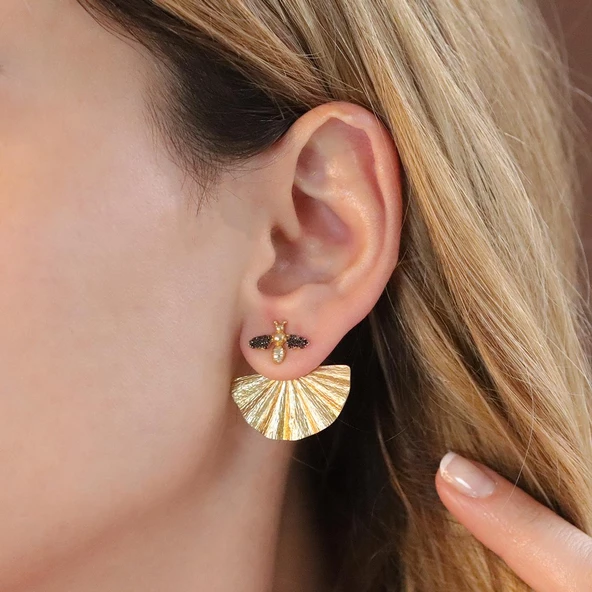 Mini Arı Gold Kaplama Gümüş Küpe - Resim 2