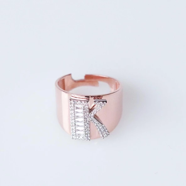 K Harfi Baget Taşlı Rose Gold Kaplama Gümüş Yüzük ürün görseli 1