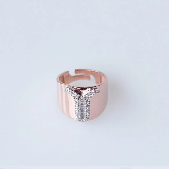 Y Harfi Baget Taşlı Rose Gold Kaplama Gümüş Yüzük ürün görseli 1