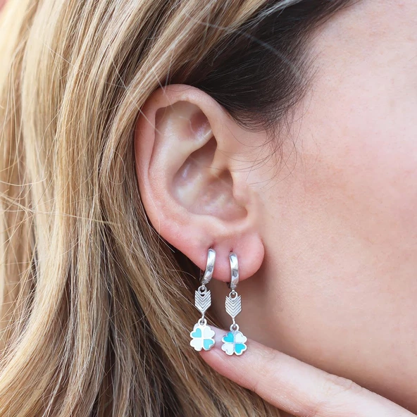 Yonca Modeli Renkli Mine İşli Gümüş Küpe - Resim 3