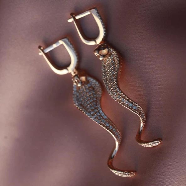 Yılan Rose Gold Kaplama Zirkon Taşlı Gümüş Küpe - Resim 2