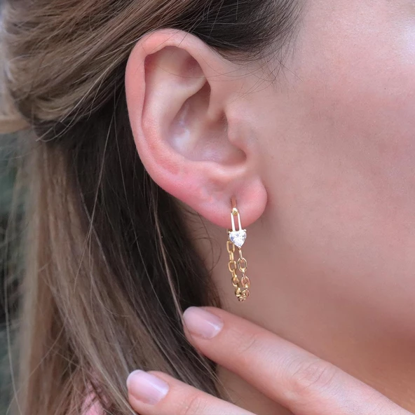 Kalp Modeli Gold Kaplama Zincir Halka Küpe - Resim 2