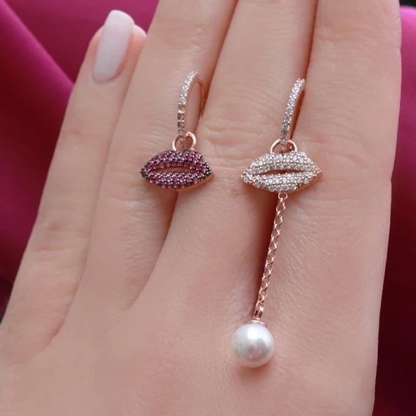 Zirkon Taşlı Dudak Figürlü Rose Gold Kaplama Asansör Zincirli Gümüş Set - Resim 2