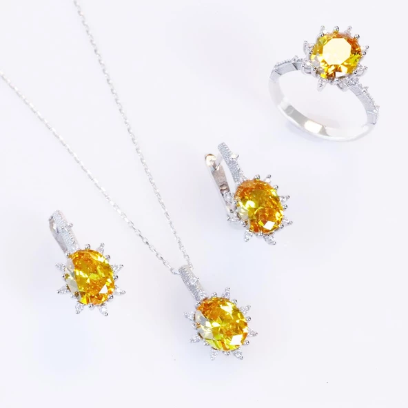 Sitrin Taşlı Elips Lotus Çiçeği Gümüş Set - Resim 4