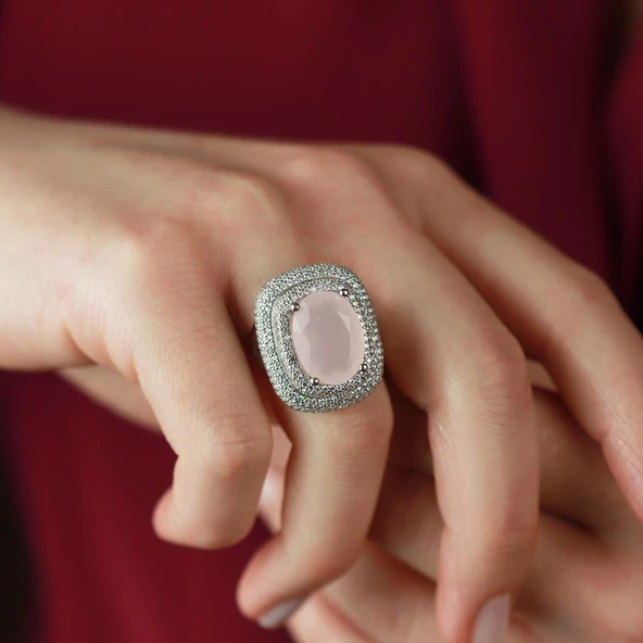 Zirkon Taş Çerçeveli Pembe Kuvars Taşlı  Gümüş Yüzük - Resim 2