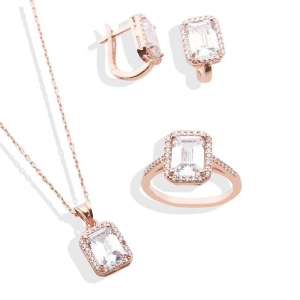 Rose Gold Kaplama Baget Taşlı Gümüş Takım - 4