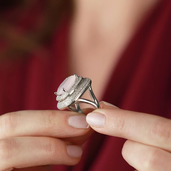 Zirkon Taş Çerçeveli Pembe Kuvars Taşlı  Gümüş Yüzük - Resim 3