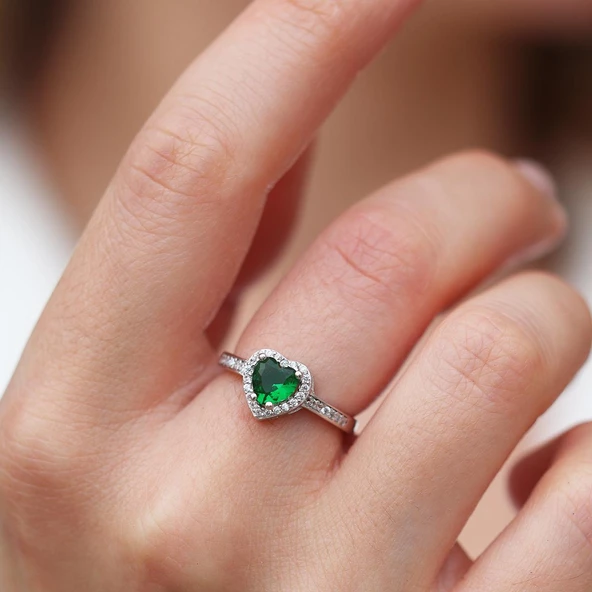 Kalp Pndr Model Yeşil Zirkon Taşlı Gümüş Set - Resim 5