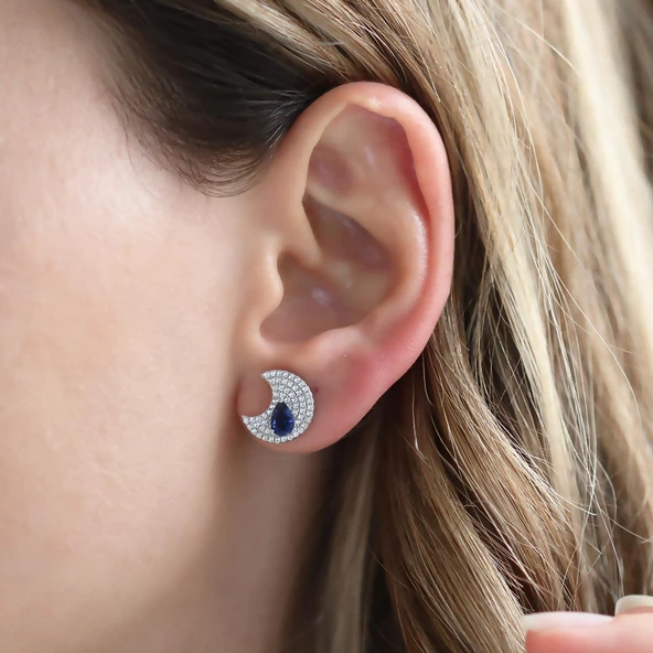 Apm Modeli Safir Taşlı Moon Gümüş Küpe - Resim 2