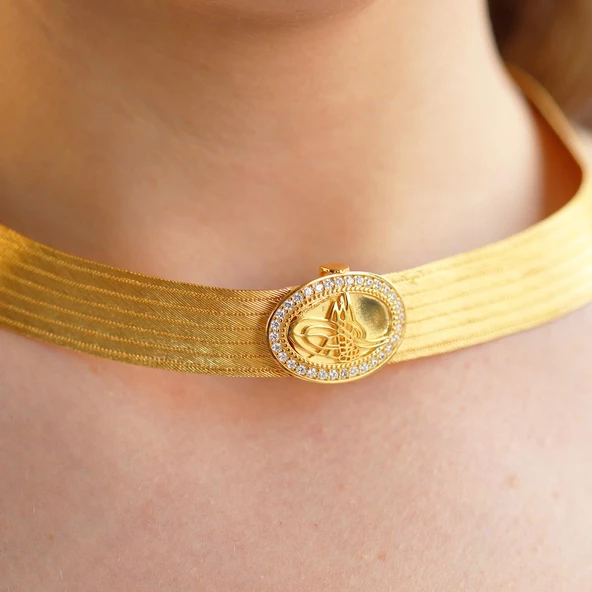 925 Ayar Gümüş Üzeri Gold Kaplama Osmanlı Tuğralı 7 Sıra Gümüş Trabzon Gerdanlık - Resim 3