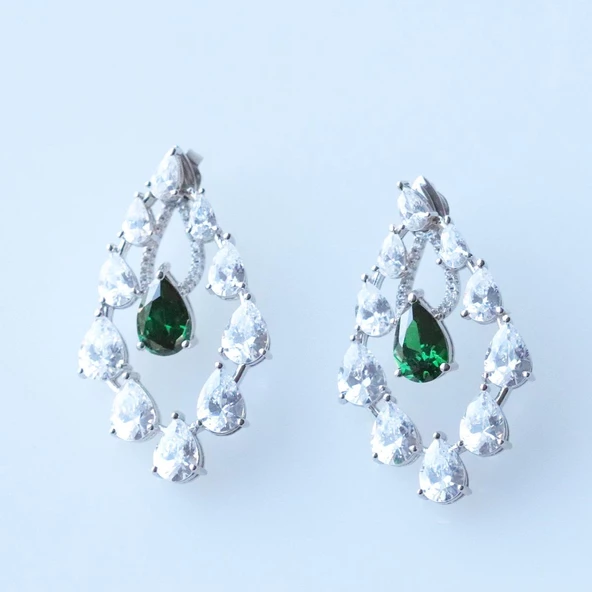 Yeşil Zirkon Taşlı Damla Işıltılı Gümüş Küpe - Resim 4