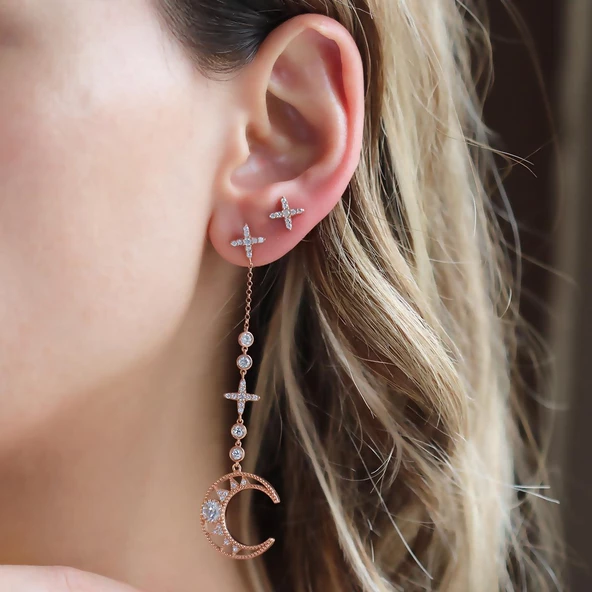 Apm Modeli Rose Gold Kaplama Moon Gümüş Küpe ürün görseli 1