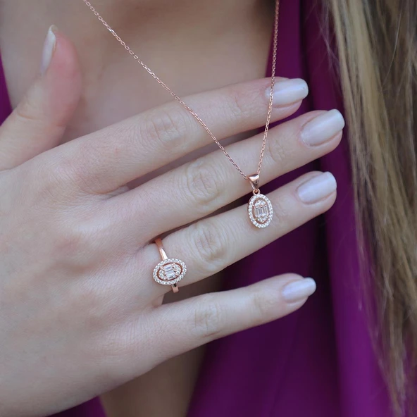 Baget Kesim Oval Montürlü Zirkon Taşlı Rose Gold Kaplama Gümüş Set - Resim 3