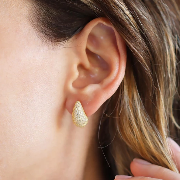 Bottega Mini Damla Taşlı Gold Kaplama Gümüş Küpe - Resim 3