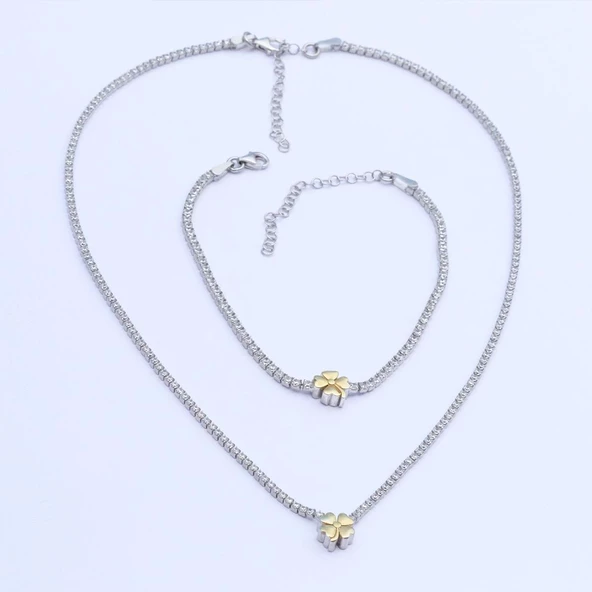 Yonca Zirkon Taşlı Su Yolu Gümüş Set - Resim 4