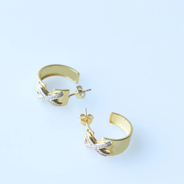 Zirkon Taşlı Çapraz Tffny Modeli Gold Kaplama Gümüş Küpe - Resim 4