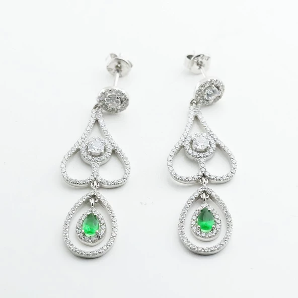 Kök Zümrüt Taşlı Damla Tasarım Gümüş Küpe - Resim 4