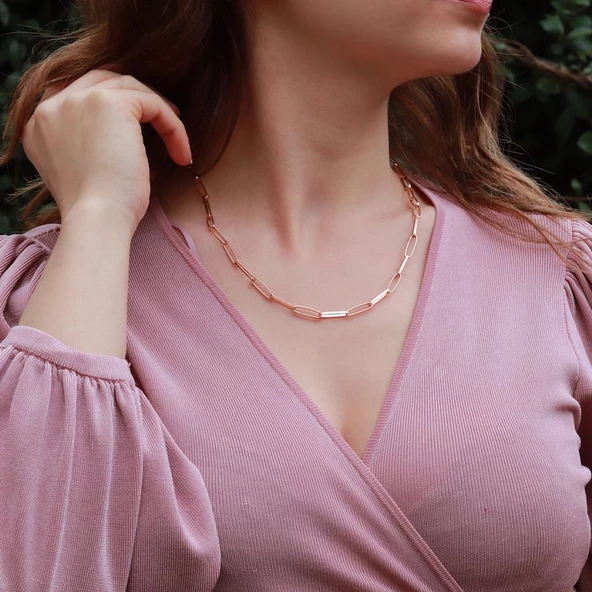 Rose Gold Kaplama Trend Geçme Zincir Gümüş Set - Resim 4