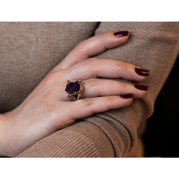 Ametist Taşlı Gümüş Otantik El İşi Yüzük - Resim 2