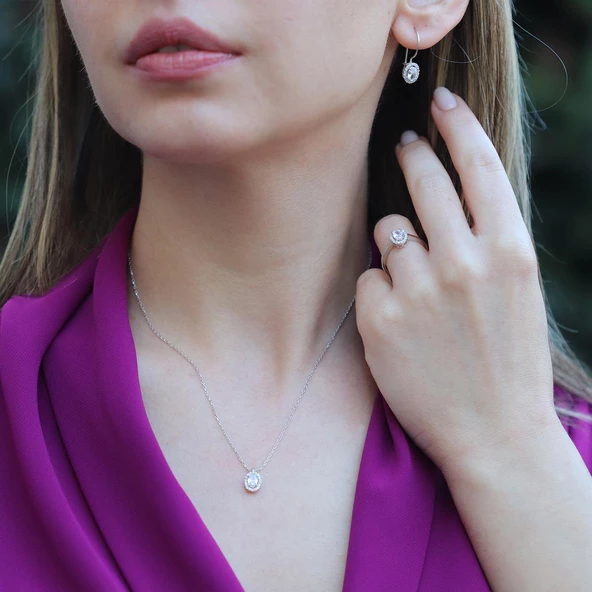 Zirkon Taşlı Mini Oval Montür Gümüş Takım