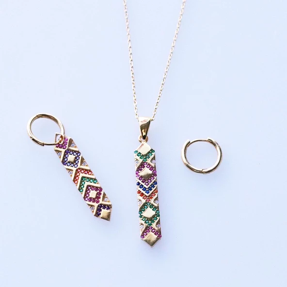 Apm Modeli Gold Kaplam Renkli Zirkon Taşlı Gümüş Set - Resim 2