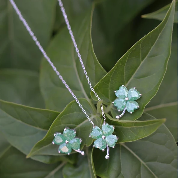 Yeşil Zirkon Taşlı Yonca Gümüş Set - Resim 2