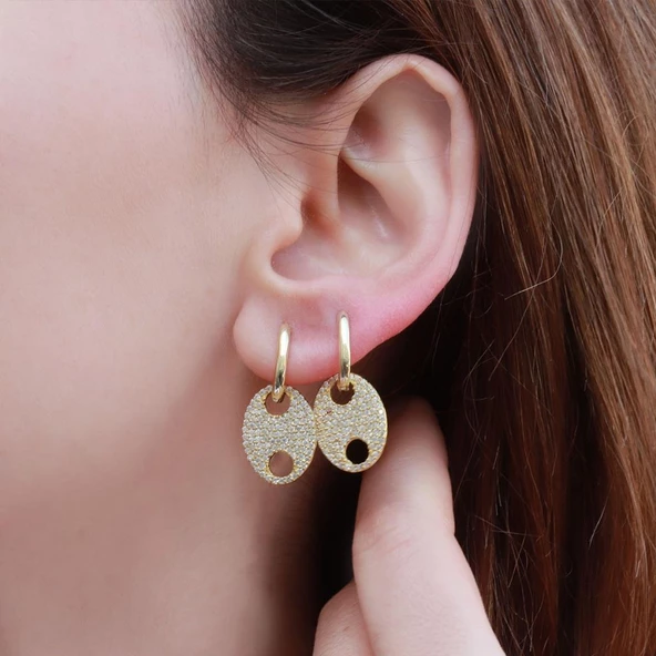 Düğme Modeli Zirkon Taşlı Gold Kaplama Gümüş Set - Resim 5