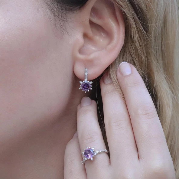 Lotus Çiçeği Ametist Taşlı Gümüş Set - Resim 4