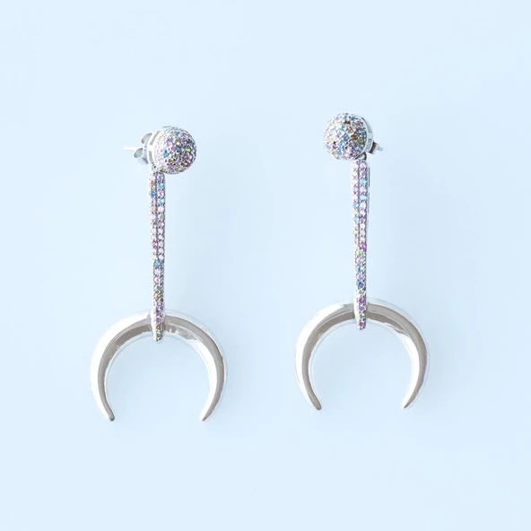 Renkli Zirkon Taşlı Hilal Gümüş Küpe - Resim 4