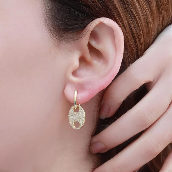 Düğme Modeli Zirkon Taşlı Gold Kaplama Gümüş Set - Resim 4