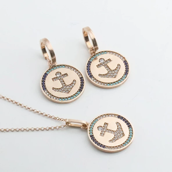 Apm Monaco Model Deniz Çapası Renkli Zirkon Taşlı Rose Gold Kaplama Gümüş Set - Resim 2