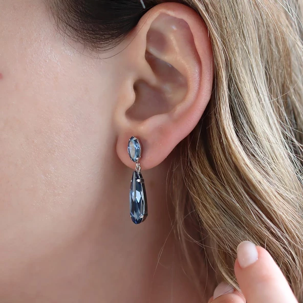 Mavi Swarovski Taşlı Su Damlası Gümüş Küpe - Resim 2