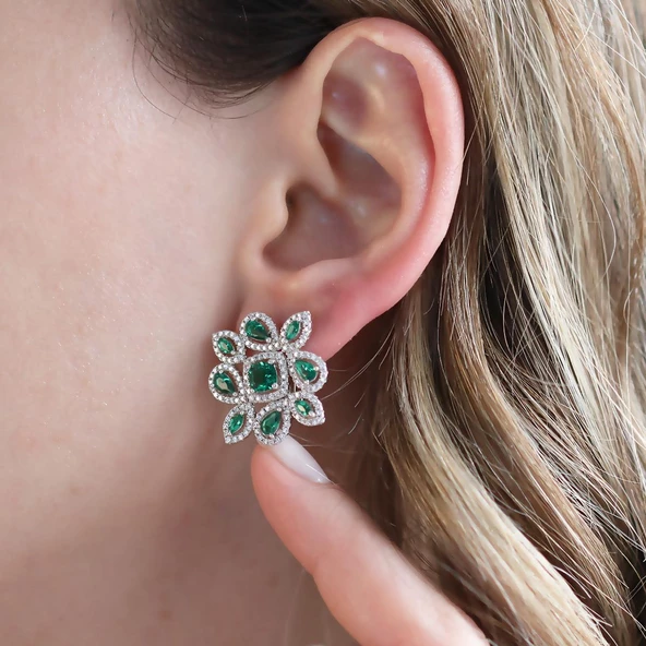 Kök Zümrüt Taşlı Damla Montür Gümüş Küpe - Resim 2