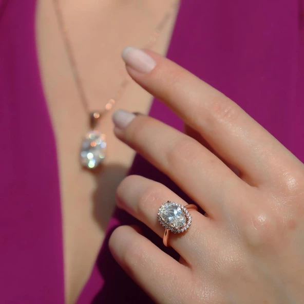 Oval Kesim Tek Taş Model Rose Gold Kaplama 925 Ayar Gümüş Sky Diamond Set - Resim 2