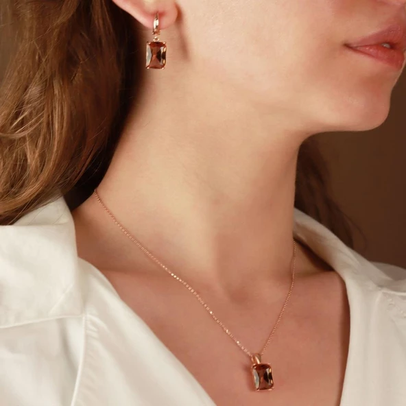 Zultanit Taşlı Emerald Kesim Rose Gold Kaplama Gümüş Set ürün görseli