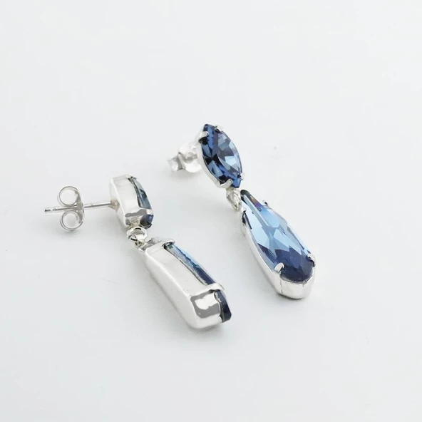 Mavi Swarovski Taşlı Su Damlası Gümüş Küpe - Resim 3