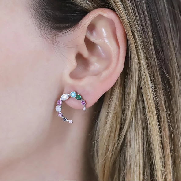 Renkli Taşlı Ay Gümüş Küpe - Resim 2