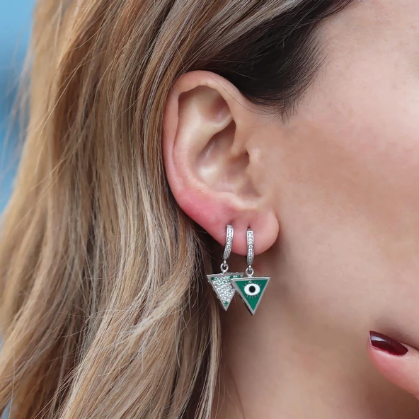 Üçgen Çift Taraflı Mineli Gümüş Küpe ürün görseli 1