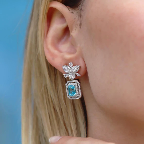 Baget Çiçekli Aquamarine Taşlı Gümüş Küpe - Resim 3