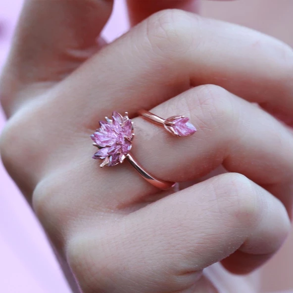 Pembe Kuvars Taşlı Lotus Çiçcekli Gümüş Set - Resim 4