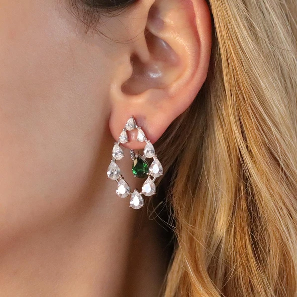 Yeşil Zirkon Taşlı Damla Işıltılı Gümüş Küpe - Resim 5