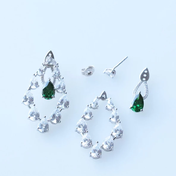 Yeşil Zirkon Taşlı Damla Işıltılı Gümüş Küpe - Resim 3