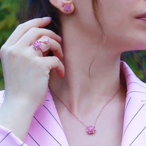 Pembe Kuvars Taşlı Lotus Çiçcekli Gümüş Set ürün görseli 1