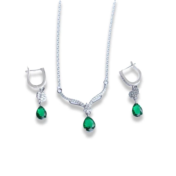 Damla Yeşil Zirkon Taşlı Gümüş Set - Resim 2