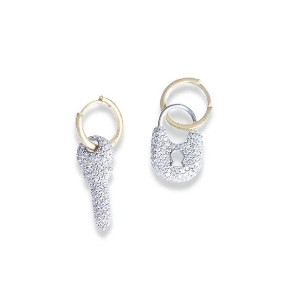 Anahtar Kilit Gold Kaplama Gümüş Küpe - Resim 4