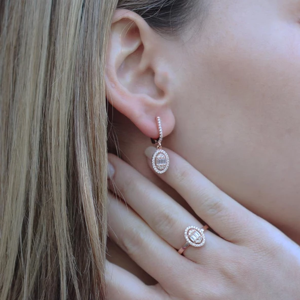 Baget Kesim Oval Montürlü Zirkon Taşlı Rose Gold Kaplama Gümüş Set - Resim 2